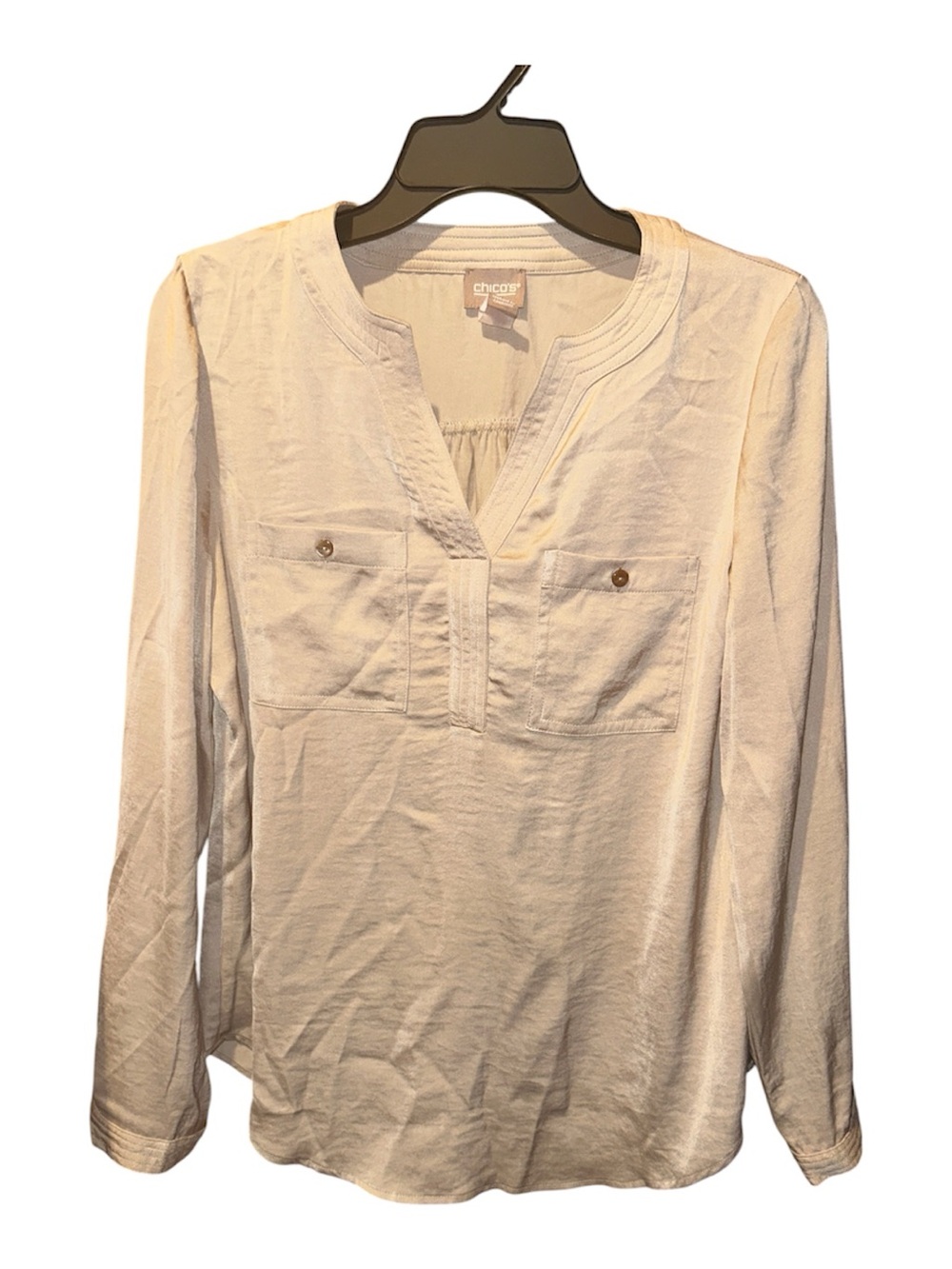 Chico's Cream V-Neck Long Sleeve Pocket Blouse